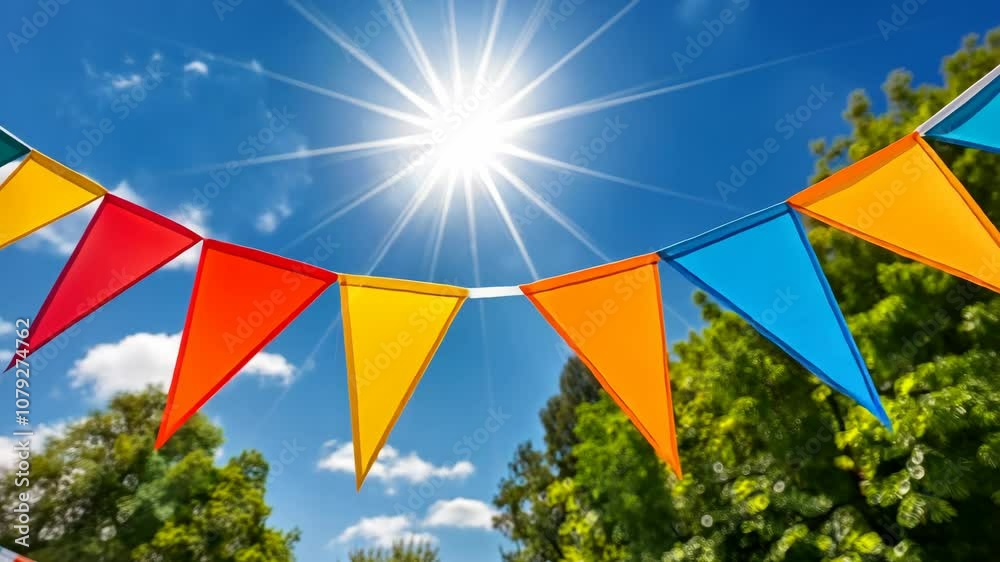Vibrant bunting flutters in the breeze against a backdrop of radiant sunshine and fluffy clouds, evoking the joy of a summer festival filled with laughter and celebration Vibrant bunting flutters in the breeze against a backdrop of radiant sunshine and fluffy clouds, evoking the joy of a summer festival filled with laughter and celebration