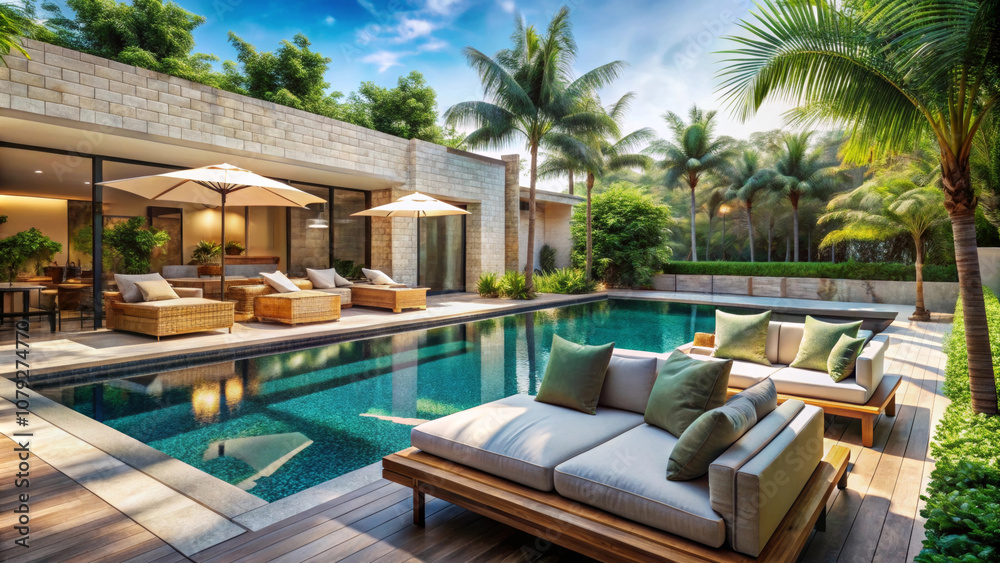 Modern villa with cozy sofas by the outdoor pool Modern villa with cozy sofas by the outdoor pool