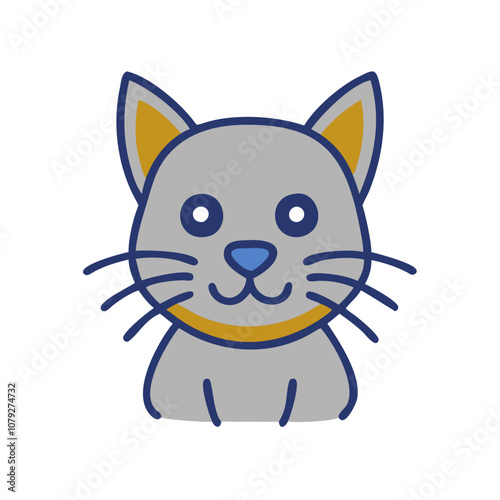 A cute cartoon vector icon of a friendly gray cat with distinct facial features, sitting calmly, showcasing its playful and approachable demeanor in a minimalist design