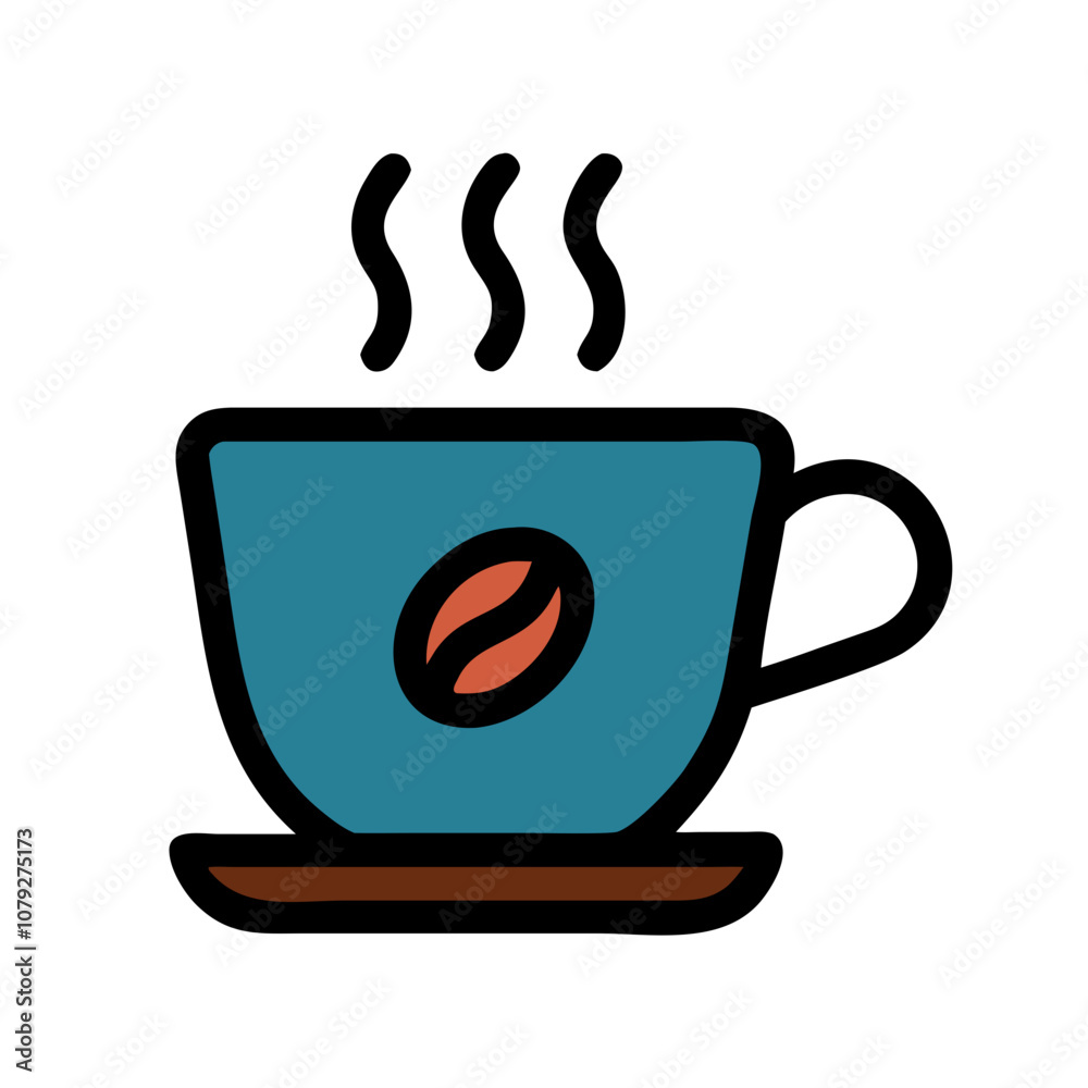 A vibrant vector icon of a steaming coffee cup resting on a small saucer, featuring a coffee bean emblem, perfect for coffee enthusiasts seeking stylish design elements A vibrant vector icon of a steaming coffee cup resting on a small saucer, featuring a coffee bean emblem, perfect for coffee enthusiasts seeking stylish design elements