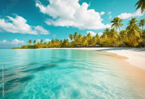 vibrant beach scene featuring calming waves gentle lapping shoreline surrounded lush palm trees under bright sunny sky, sand, sea, coast, clouds, nature