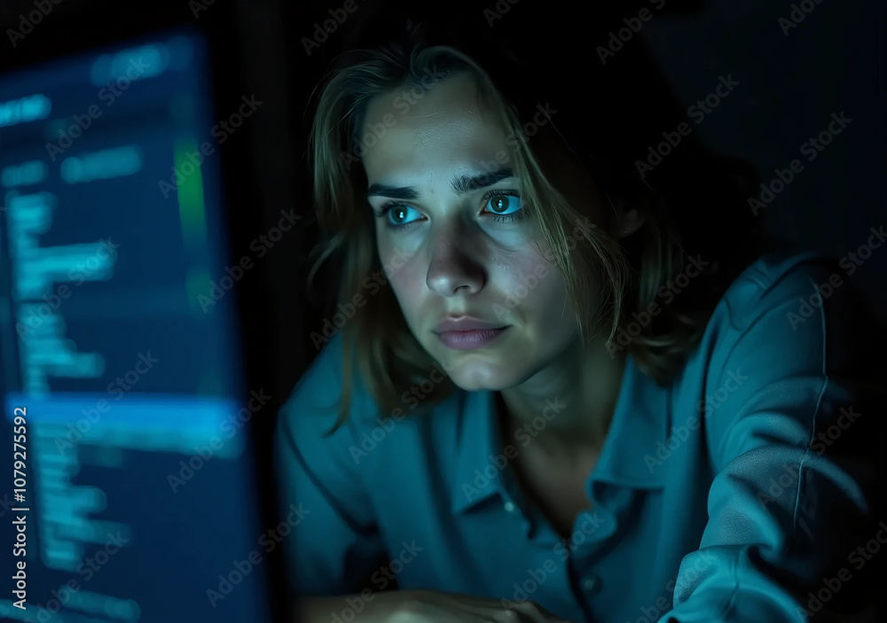 Focused Woman Working Late at a Computer Screen in Low Light Focused Woman Working Late at a Computer Screen in Low Light