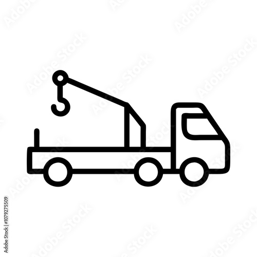 Vector icon depicting a crane truck with a raised arm and a hook, commonly used for lifting heavy materials at construction sites