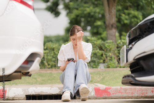 Car Accident Aftermath: A woman sits on the curb, looking distressed, with a damaged car in the background, holding her phone.