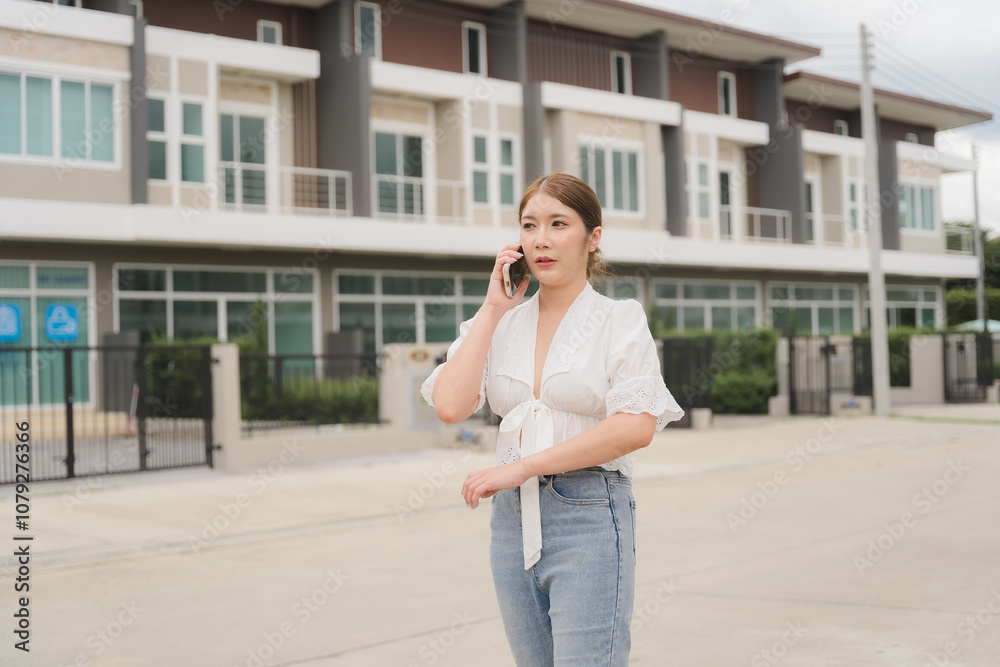 Real Estate Agent on a Call: A young Asian woman, dressed in stylish casual wear, stands outside a modern townhouse complex, engrossed in a phone conversation. Real Estate Agent on a Call: A young Asian woman, dressed in stylish casual wear, stands outside a modern townhouse complex, engrossed in a phone conversation.