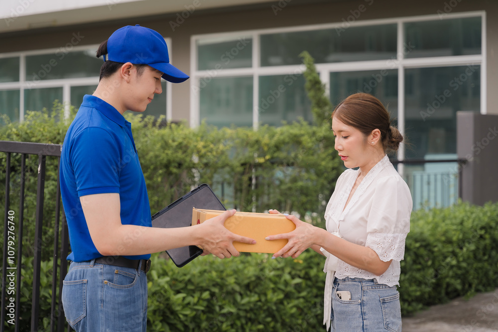 Obraz premium Delivery Service: Happy Customer Receiving Package