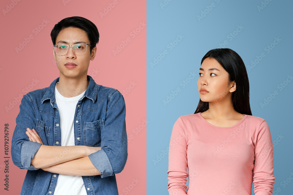 I am sorry. Sad asian girl looking at her angry boyfriend over grey background I am sorry. Sad asian girl looking at her angry boyfriend over grey background