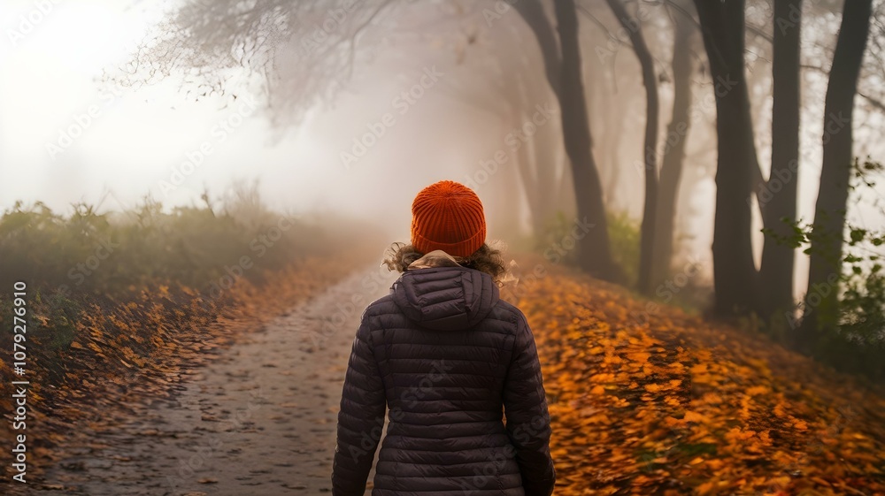A Cozy Hiker in an Orange Beanie Walking Through a Misty Autumn Forest Path, Surrounded by Golden Leaves and Soft Fog – Embracing the Beauty of Nature in Fall A Cozy Hiker in an Orange Beanie Walking Through a Misty Autumn Forest Path, Surrounded by Golden Leaves and Soft Fog – Embracing the Beauty of Nature in Fall