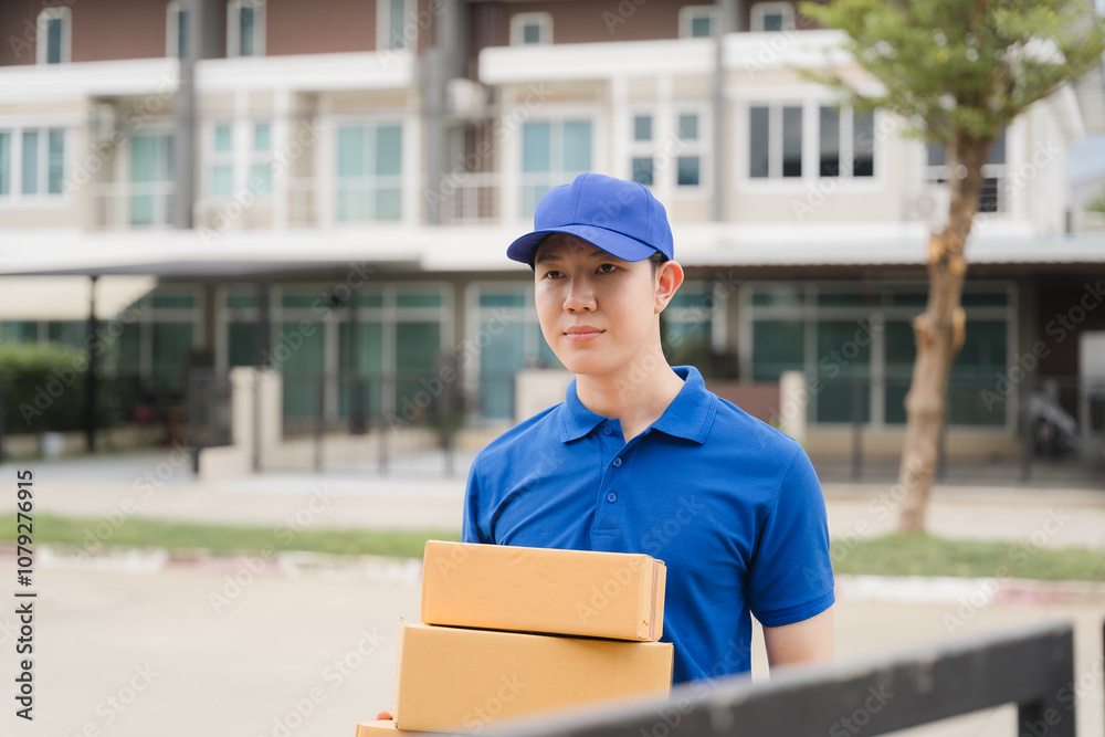 Delivery Man with Packages: A friendly delivery man in blue uniform and cap, holding a stack of cardboard boxes, stands confidently in front of a residential home, ready to deliver packages.  