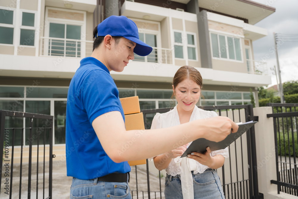 Delivery Confirmation: A smiling delivery driver hands a package to a customer while they sign for the delivery. Delivery Confirmation: A smiling delivery driver hands a package to a customer while they sign for the delivery.