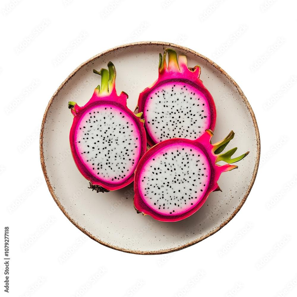 Freshly sliced dragon fruit displayed on a plate showcasing vibrant color and unique texture, dragon fruit in plate on transparent background Freshly sliced dragon fruit displayed on a plate showcasing vibrant color and unique texture, dragon fruit in plate on transparent background