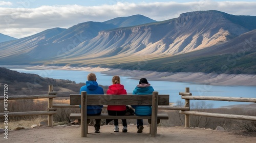 Group of Friends Enjoying Stunning Mountain Views at a Scenic Overlook, Relaxing on a Wooden Bench by the Water – A Perfect Moment of Connection with Nature