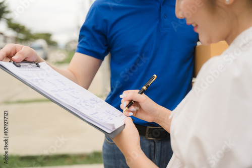 Secure Delivery Confirmation: Woman signing delivery form with courier