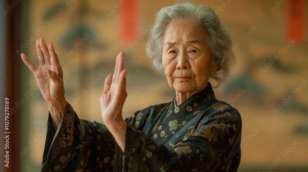 Against vibrant backgrounds, a dignified grandma's peaceful smile radiates with the serenity and fulfillment of a life well-lived Against vibrant backgrounds, a dignified grandma's peaceful smile radiates with the serenity and fulfillment of a life well-lived