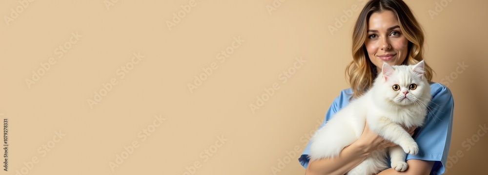 Smiling veterinarian with white cat, ideal for animal clinic poster. Smiling veterinarian with white cat, ideal for animal clinic poster.