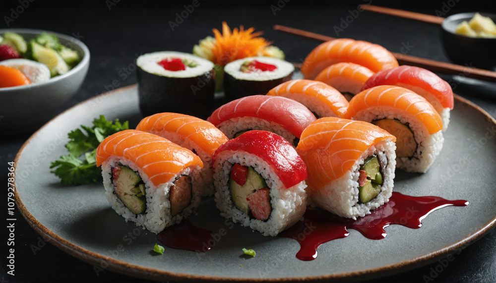 A plate of fresh sushi rolls with salmon, tuna, and avocado sits on a gray plate with a drizzle of soy sauce