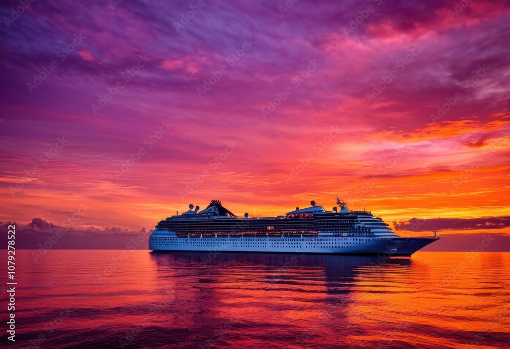 Fototapeta premium majestic cruise ship silhouetted vibrant sunset sky warm hues purple reflected tranquil ocean surface, beach, yacht, waves, reflection, tropical, travel