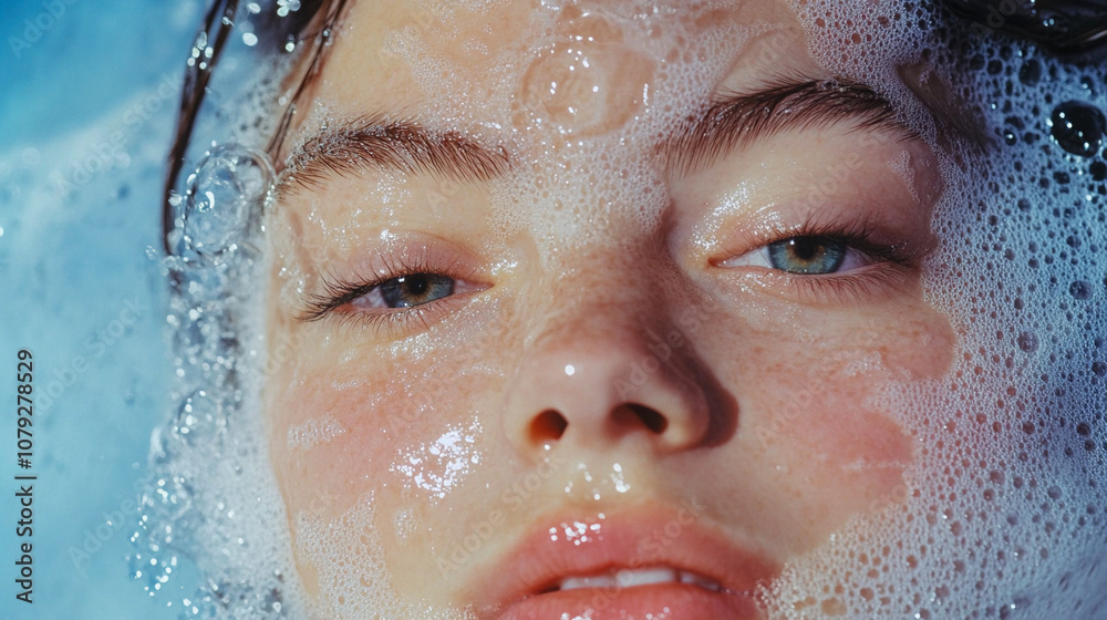 Woman lying in a bathtub filled with bubble water Relaxing at home. Female portrait close up view from above and looking straight ahead Wet white skin Woman lying in a bathtub filled with bubble water Relaxing at home. Female portrait close up view from above and looking straight ahead Wet white skin