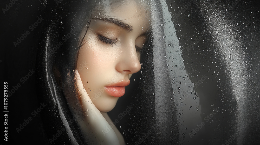serene portrait of woman with raindrops on glass, evoking calmness and introspection. soft lighting enhances emotional depth of image serene portrait of woman with raindrops on glass, evoking calmness and introspection. soft lighting enhances emotional depth of image