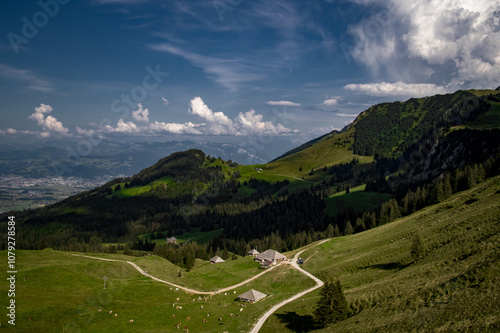 Gurnigelpass, beautiful Alpine landscapes, green mountains in Switzerland photo