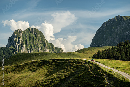 Gurnigelpass, beautiful Alpine landscapes, green mountains in Switzerland photo