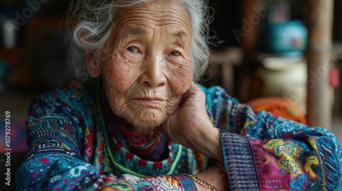 Against vibrant backgrounds, a dignified grandma's peaceful smile radiates with the serenity and fulfillment of a life well-lived