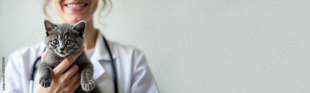 Female vet with adorable kitten, ideal for pet health poster. Female vet with adorable kitten, ideal for pet health poster.