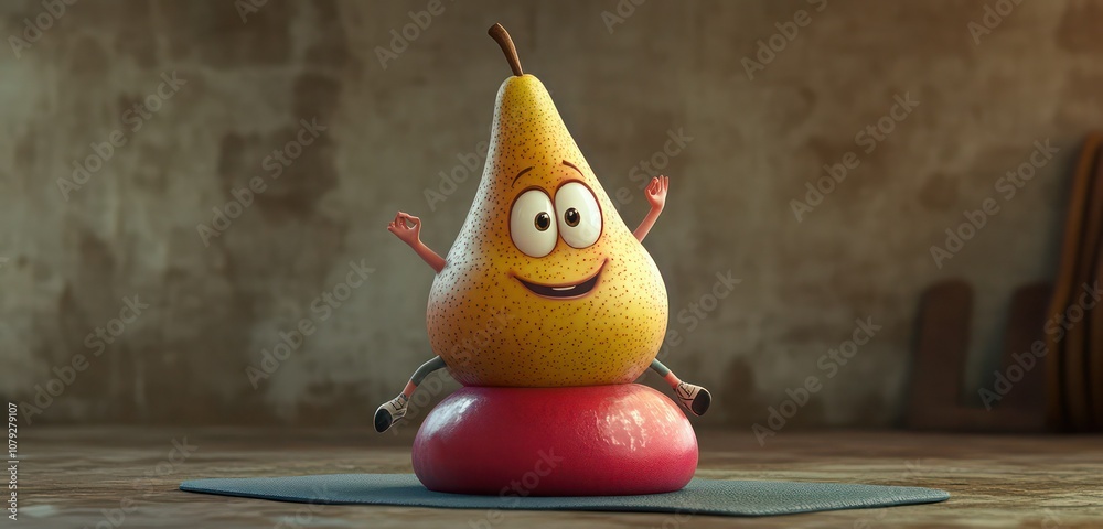 A funny pear character balancing on a yoga ball, wobbling with a comical expression of concentration. A funny pear character balancing on a yoga ball, wobbling with a comical expression of concentration.