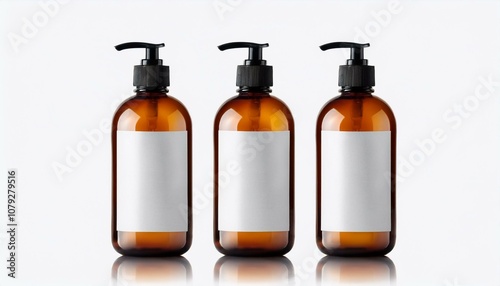 3 bottles of shampoo with white blank labels black pump heads and amber glass on an isolated background