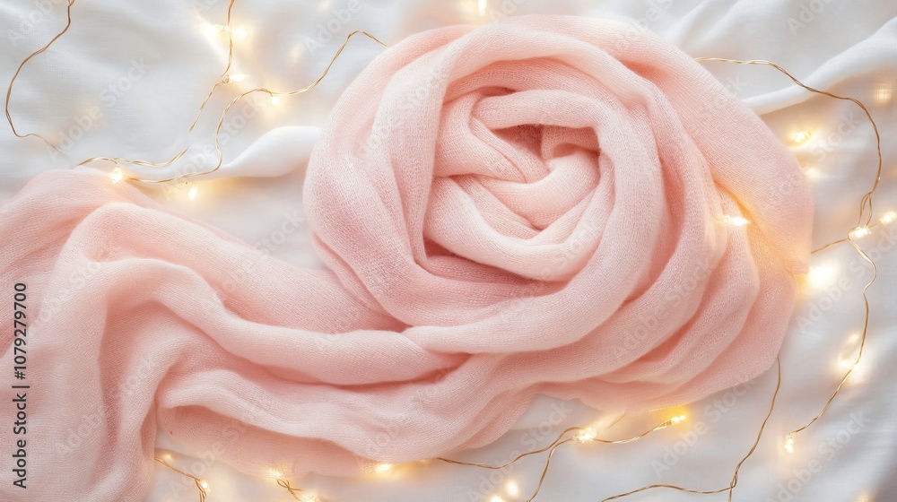 Oversized scarf in pastel pink, isolated on a textured white background with soft golden holiday lights Oversized scarf in pastel pink, isolated on a textured white background with soft golden holiday lights