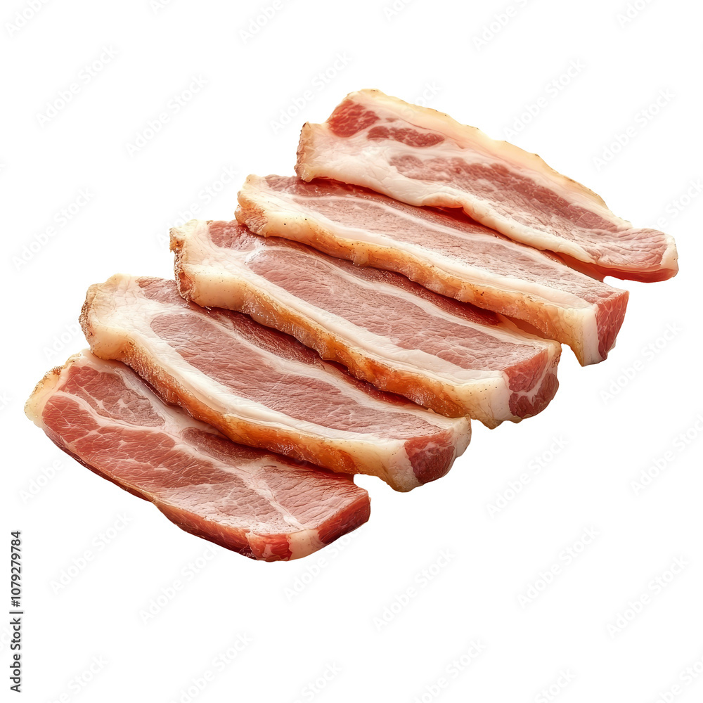 Fresh raw bacon slices arranged neatly on a transparent background for culinary use and food presentation, Raw bacon slices isolated on transparent background Fresh raw bacon slices arranged neatly on a transparent background for culinary use and food presentation, Raw bacon slices isolated on transparent background