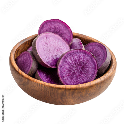 Freshly sliced purple yams in a wooden bowl against a clean transparent background, purple yams slice in wood bowl isolated on transparent background photo