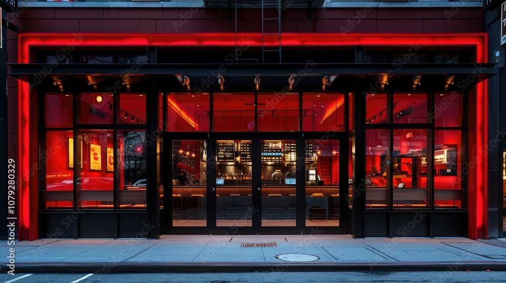 A modern red storefront with a glass front and a bar inside. A modern red storefront with a glass front and a bar inside.