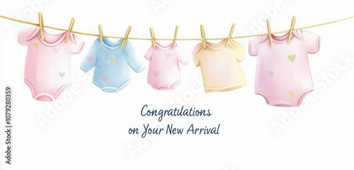 A simple, heartfelt card for new parents, featuring pastel baby clothes on a clothesline and a 