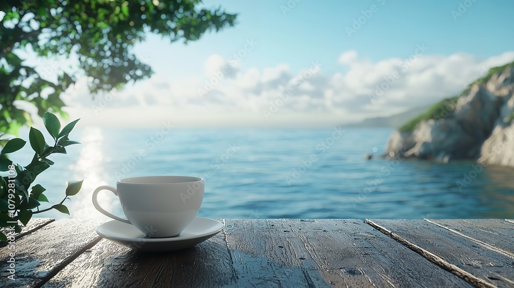 Coffee Cup on a Wooden Table with Beautiful Sea View Outdoors Coffee Cup on a Wooden Table with Beautiful Sea View Outdoors