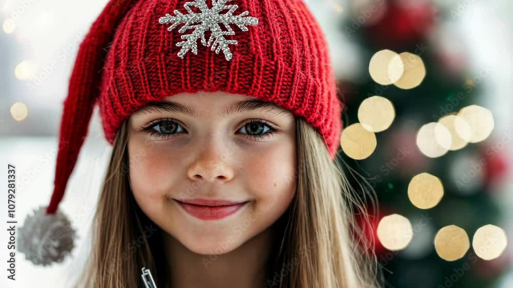 A cheerful young girl radiates joy, dressed in a vibrant holiday hat, as she engages playfully with the warm ambiance of twinkling lights and festive decorations nearby A cheerful young girl radiates joy, dressed in a vibrant holiday hat, as she engages playfully with the warm ambiance of twinkling lights and festive decorations nearby