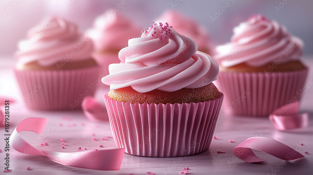 Pink frosted cupcakes with sprinkles for Chocolate Day celebration Pink frosted cupcakes with sprinkles for Chocolate Day celebration