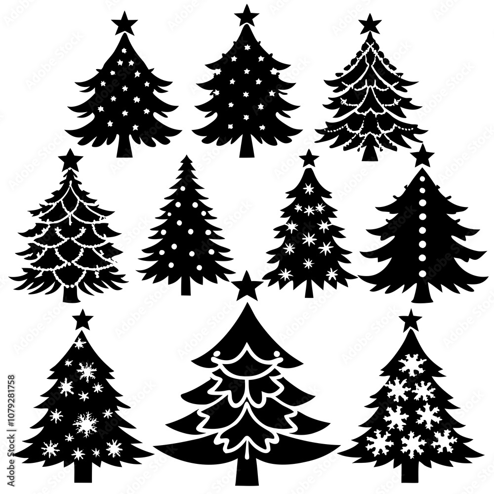 Obraz premium Christmas Tree silhouette, tree silhouette , christmas tree silhouette vector, Silhouette Christmas Tree Stencil Vector Bundle 