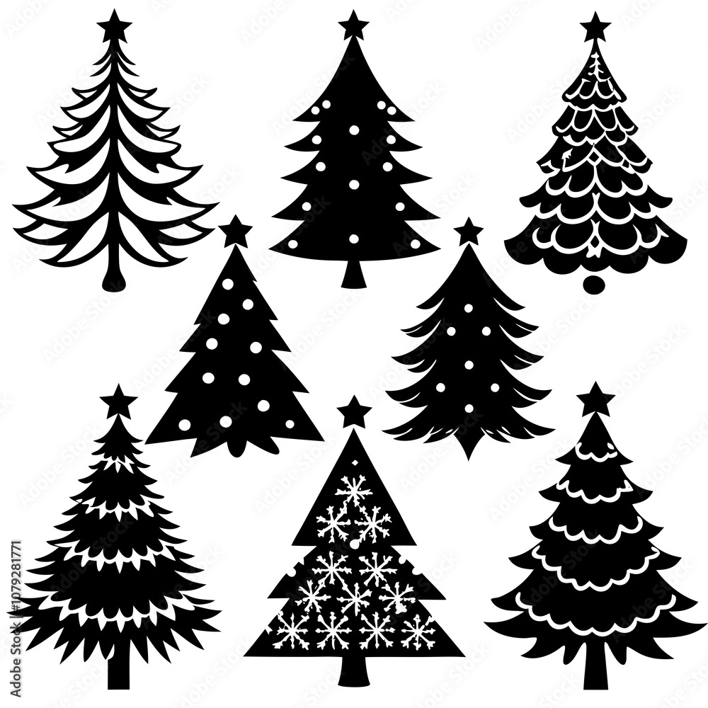 Obraz premium Christmas Tree silhouette, tree silhouette , christmas tree silhouette vector, Silhouette Christmas Tree Stencil Vector Bundle 