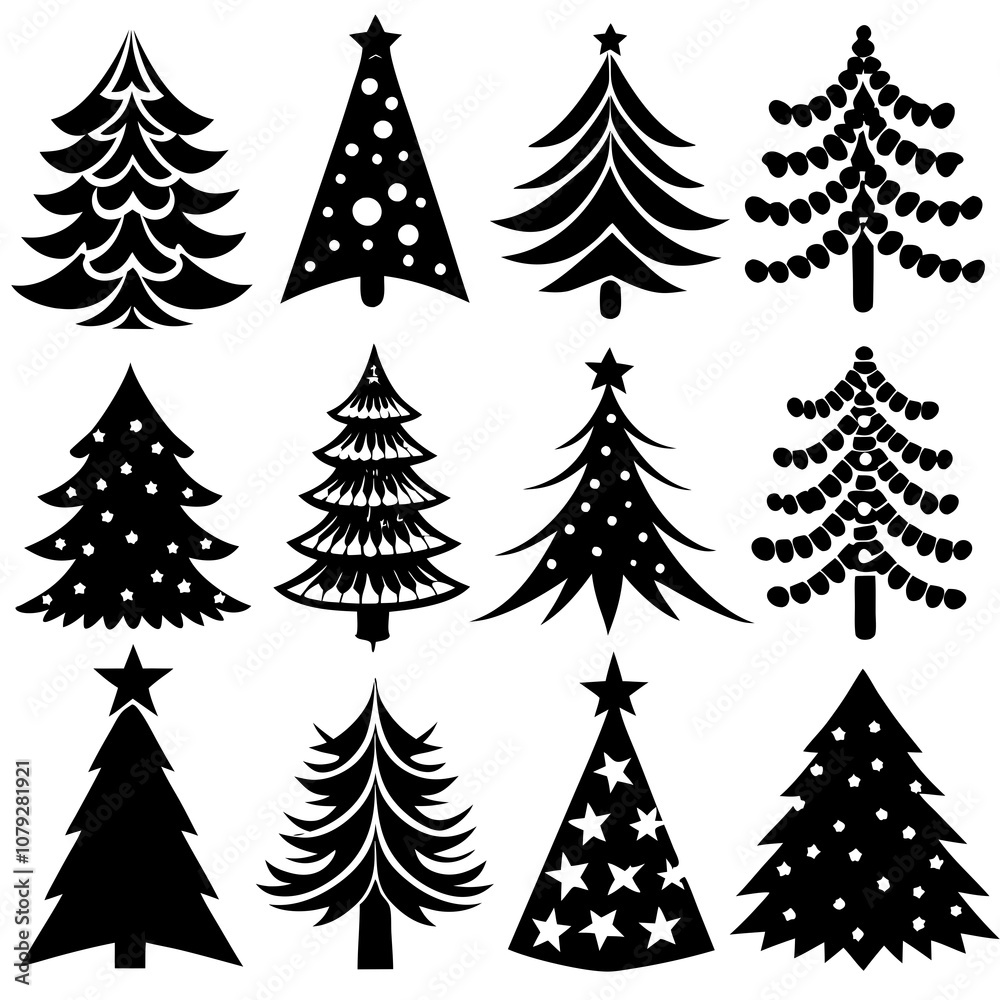 Obraz premium Christmas Tree silhouette, tree silhouette , christmas tree silhouette vector, Silhouette Christmas Tree Stencil Vector Bundle
