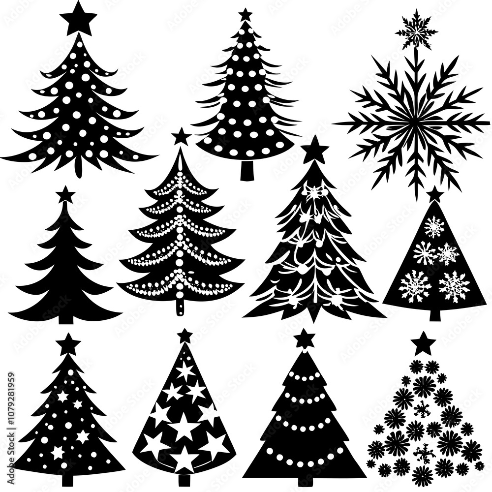 Obraz premium Christmas Tree silhouette, tree silhouette , christmas tree silhouette vector, Silhouette Christmas Tree Stencil Vector Bundle