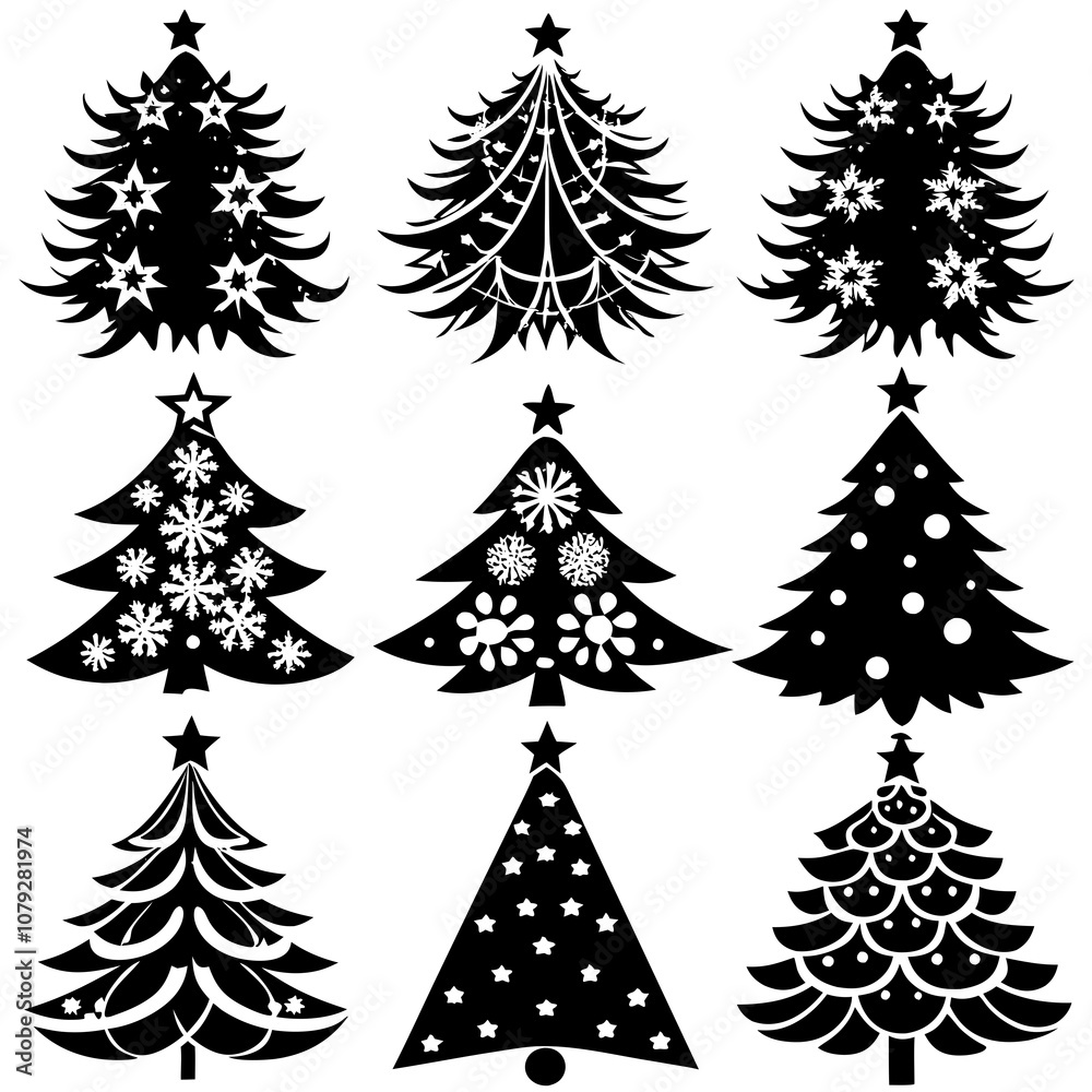 Obraz premium Christmas Tree silhouette, tree silhouette , christmas tree silhouette vector, Silhouette Christmas Tree Stencil Vector Bundle