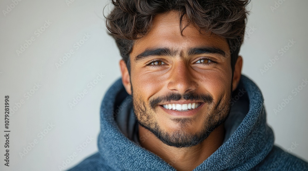 Portrait of a handsome young man with curly hair and a beard, smiling at the camera. Portrait of a handsome young man with curly hair and a beard, smiling at the camera.