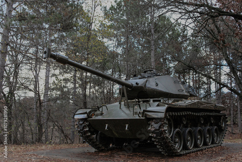 close-up of decommissioned vintage war with trees in background photo