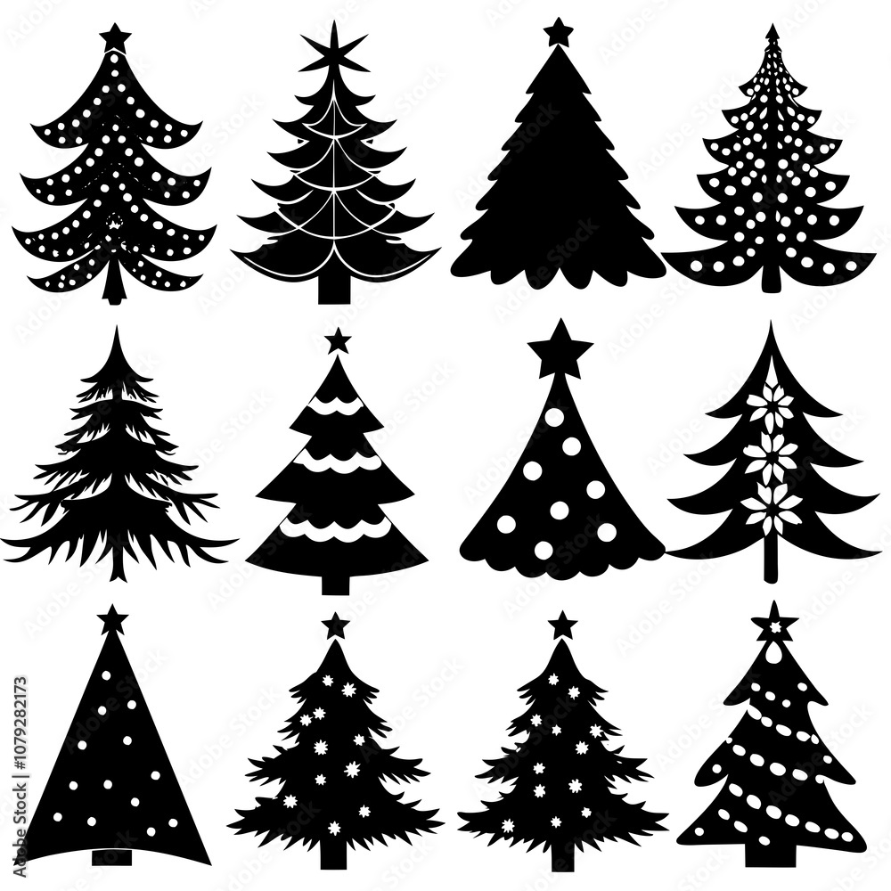 Obraz premium Christmas Tree silhouette, tree silhouette , christmas tree silhouette vector, Silhouette Christmas Tree Stencil Vector Bundle 