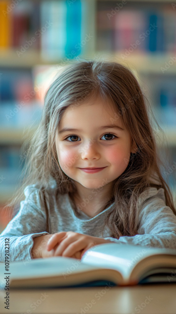 Adorable preschool girl enjoying a book in a library, promoting early childhood literacy and a love of reading Adorable preschool girl enjoying a book in a library, promoting early childhood literacy and a love of reading