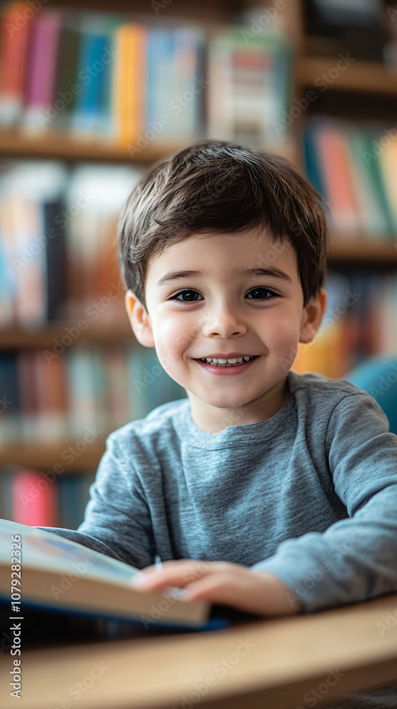 Happy preschooler reading a book and smiling in the library, enjoying the pleasure of reading and learning Happy preschooler reading a book and smiling in the library, enjoying the pleasure of reading and learning
