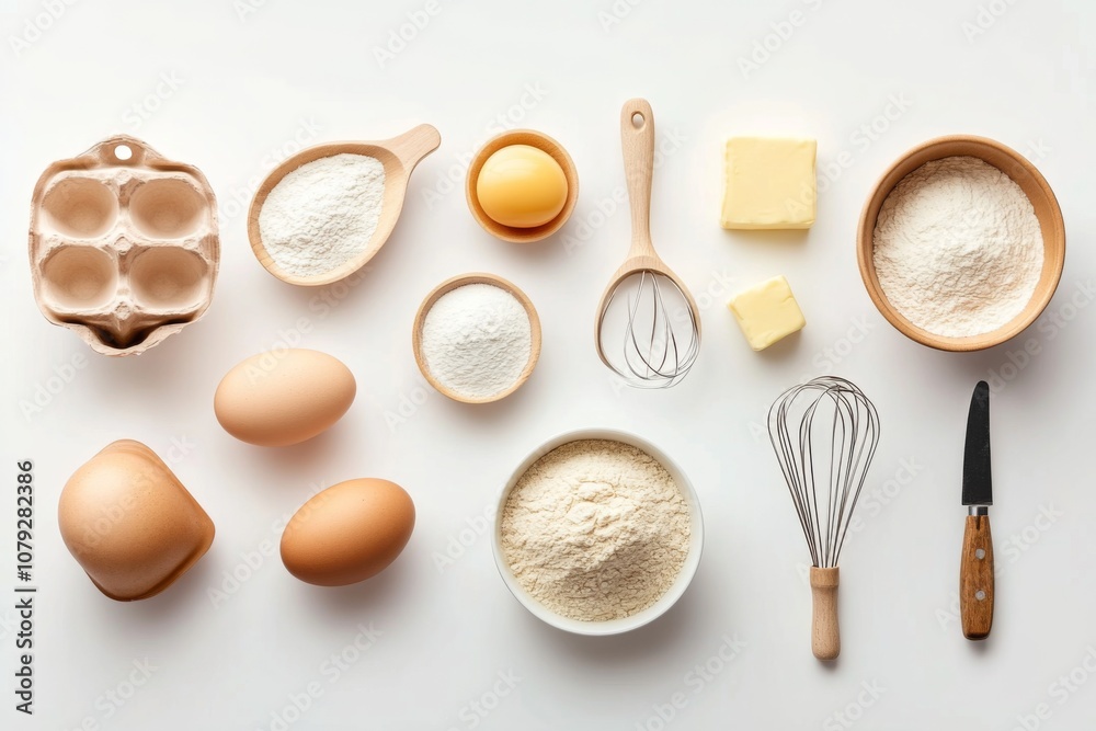 A flat lay of baking essentials including eggs, flour, sugar, butter, a whisk, and utensils, neatly arranged on a clean surface, perfect for kitchen-themed presentations. A flat lay of baking essentials including eggs, flour, sugar, butter, a whisk, and utensils, neatly arranged on a clean surface, perfect for kitchen-themed presentations.