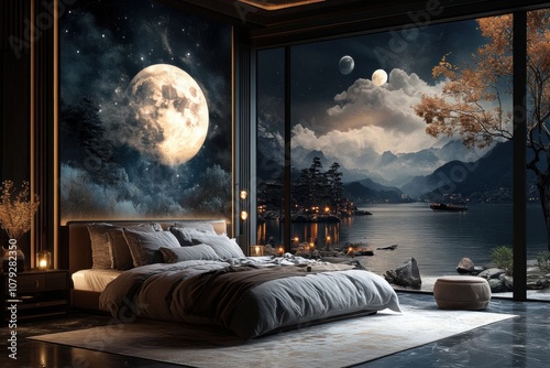 wall mural design, mural wallpaper depicting a night landscape in a modern bedroom, setting a moody atmosphere with dim lighting photo