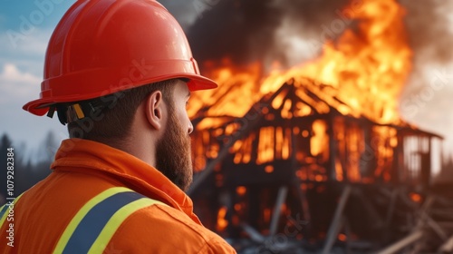 A firefighter stands in protective gear, watching a house burning fiercely in the background, highlighting the urgency and danger of wildfires in rural communities